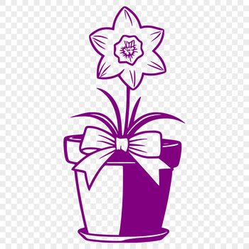 A single daffodil flower in a pot, surrounded by greenery.