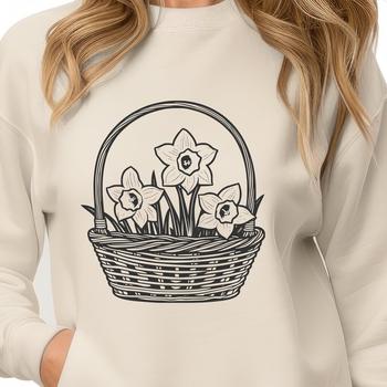 An illustration of a single daffodil flower in a simple basket.