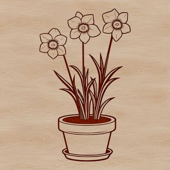 A single daffodil plant growing in a ceramic flower pot on a natural background.
