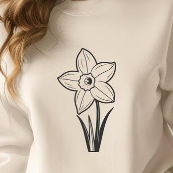 Illustration of a daffodil plant in bloom, featuring three large flowers and green foliage.