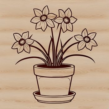 A simple illustration of a single daffodil plant in a white flower pot, against a neutral background.