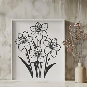 A realistic illustration of a daffodil plant with trumpet-shaped flowers.