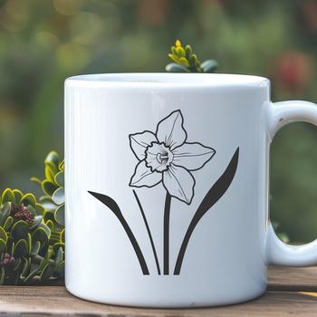 A single white daffodil flower with yellow trumpet-shaped petals and green leaves against a transparent background.
