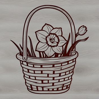 A single daffodil flower rising from the base of a woven basket in a natural outdoor setting.