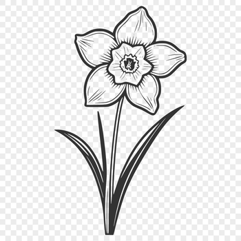 A simple illustration of a daffodil flower with trumpet-shaped petals and a long green stem.
