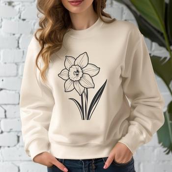 An intricately designed vector graphic of a daffodil bloom featuring long green stem and delicate white petals.
