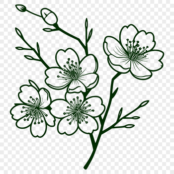 A stylized illustration of a blooming cherry blossom with pink petals and green leaves.
