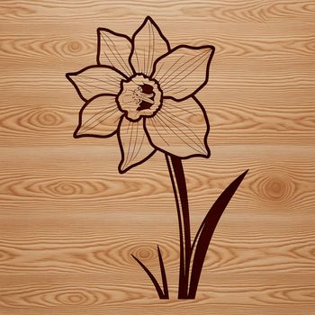 A detailed vector design of a single daffodil plant with green leaves and trumpet-shaped blooms.