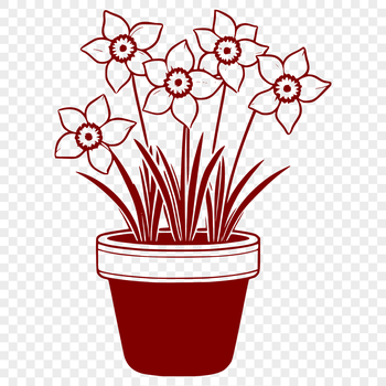 A stylized illustration of a single daffodil flower in a white pot, symbolizing spring and new beginnings.