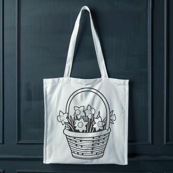 An illustration of a yellow daffodil flower in a woven basket.