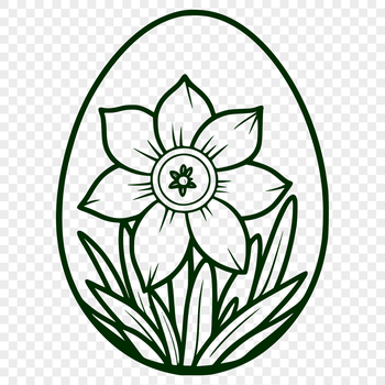 An illustration of a decorated Easter egg with spring flowers, including daffodils.
