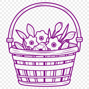 A stylized illustration of a daffodil in a woven basket.