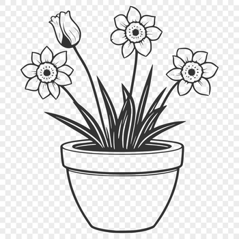A stylized illustration of a daffodil in a flower pot.