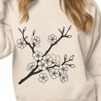 A stylized illustration of a cherry blossom with delicate petals and a prominent stem.