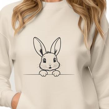 A cartoon rabbit peeking out from behind a spring flower arrangement.