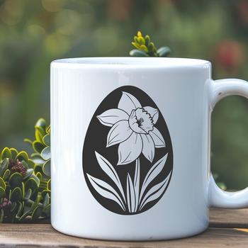 A hand-drawn illustration of a colorful Easter egg with daffodils surrounding it.