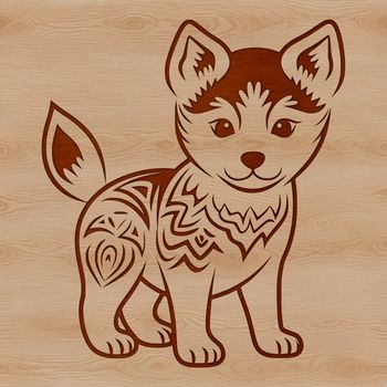 A stylized illustration of a standing Shiba Inu dog with ornate details.