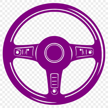 A detailed illustration of a vehicle's steering wheel with distinctive features.