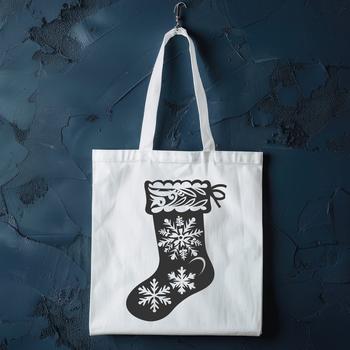 A graphic illustration of a Christmas stocking with a festive design.