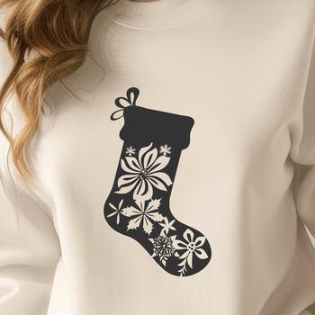 A festive floral patterned stocking with Christmas-themed design elements.