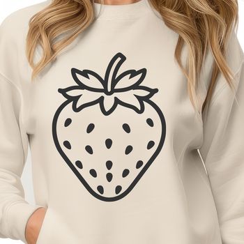 A simple illustration of a ripe red strawberry with green leaves.