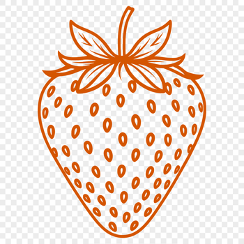 A stylized illustration of a ripe strawberry with seeds and leaves.