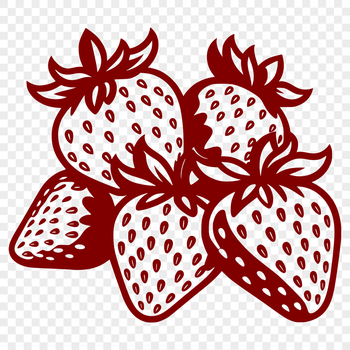 A detailed illustration of a ripe strawberry with green stem and leaves.
