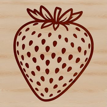 A stylized illustration of a single ripe strawberry with green leaves.