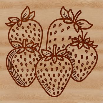 A digital illustration of a strawberry with green leaves.