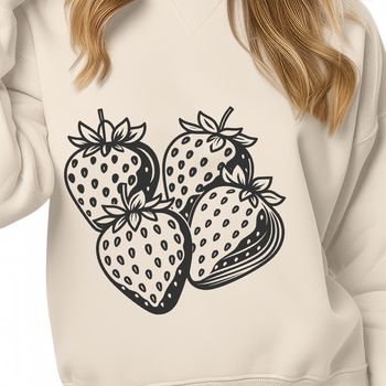 A detailed illustration of a ripe red strawberry with green leaves and stem.