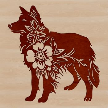 Close-up portrait of a standing Australian Shepherd dog with a floral pattern background.