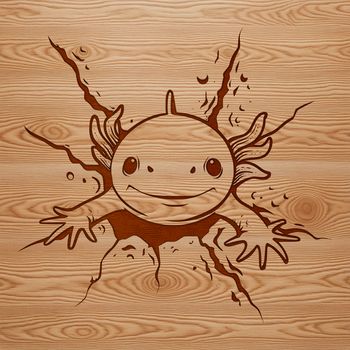 An axolotl salamander with its head emerging from behind a cracked wall.