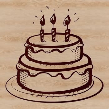 Vector design of a traditional birthday dessert with icing and lit flames.