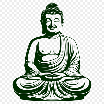 A digital representation of the Buddha in a stylized format.