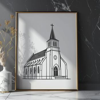 A detailed illustration of a traditional Protestant church building with Gothic architecture.