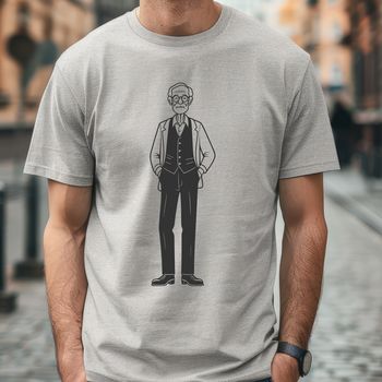 A minimalist illustration of a male figure in a simple style.