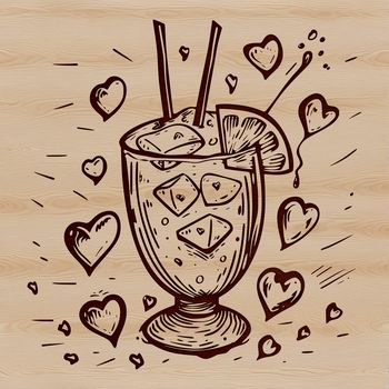 A stylized illustration of a cocktail in a glass, featuring love hearts and other decorative elements.