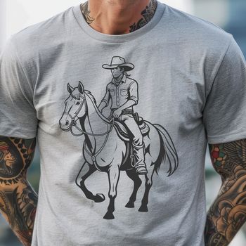 A male cowboy riding a horse in the open range, ideal for vector designs and cutting machine projects.