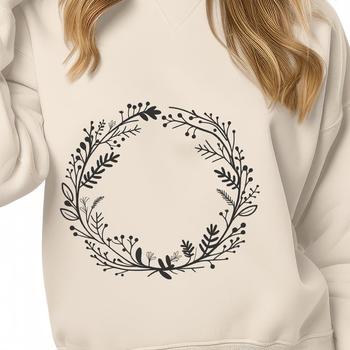 A simple floral wreath design made up of intertwined flowers and leaves.