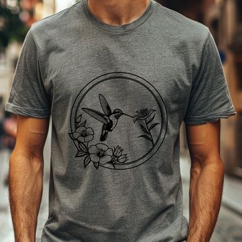 An illustrative design featuring a hummingbird amidst blooming flowers.