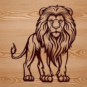 A large, golden-brown feline with a shaggy mane stands proudly on its hind legs.