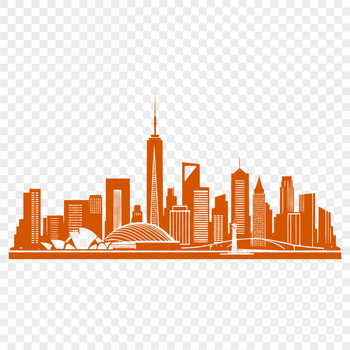 A detailed illustration of a modern city skyline with tall skyscrapers and busy streets.