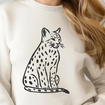 A close-up illustration of a sitting ocelot in a natural setting, featuring the wild animal's distinctive markings.