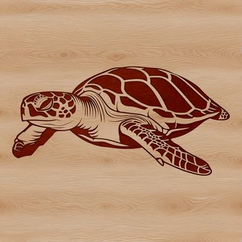 An illustration of a sea turtle swimming in the ocean, with a calm expression on its face.