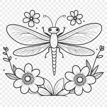 A colorful illustration of a dragonfly surrounded by floral elements in a vector format.