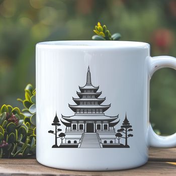 A stylized illustration of a traditional Buddhist temple structure with intricate details and ornate design.