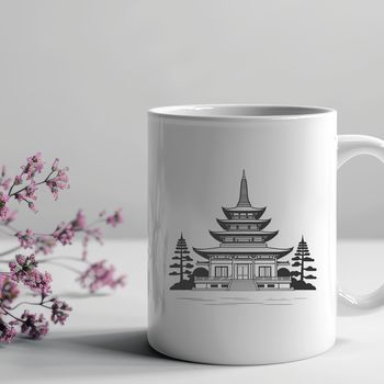 A traditional Buddhist temple design with ornate architecture and intricate details, suitable for vector editing software.