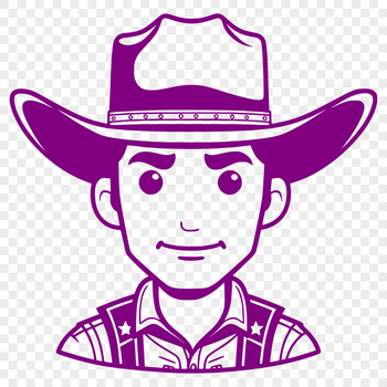 A simple line illustration of a cowboy in classic attire.