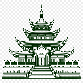 A 2D representation of a traditional Buddhist temple with multiple roofs and intricate details.