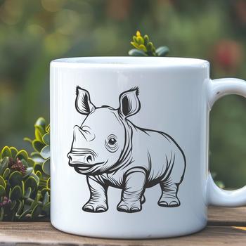 A stylized illustration of a rhinoceros in a simple design format.